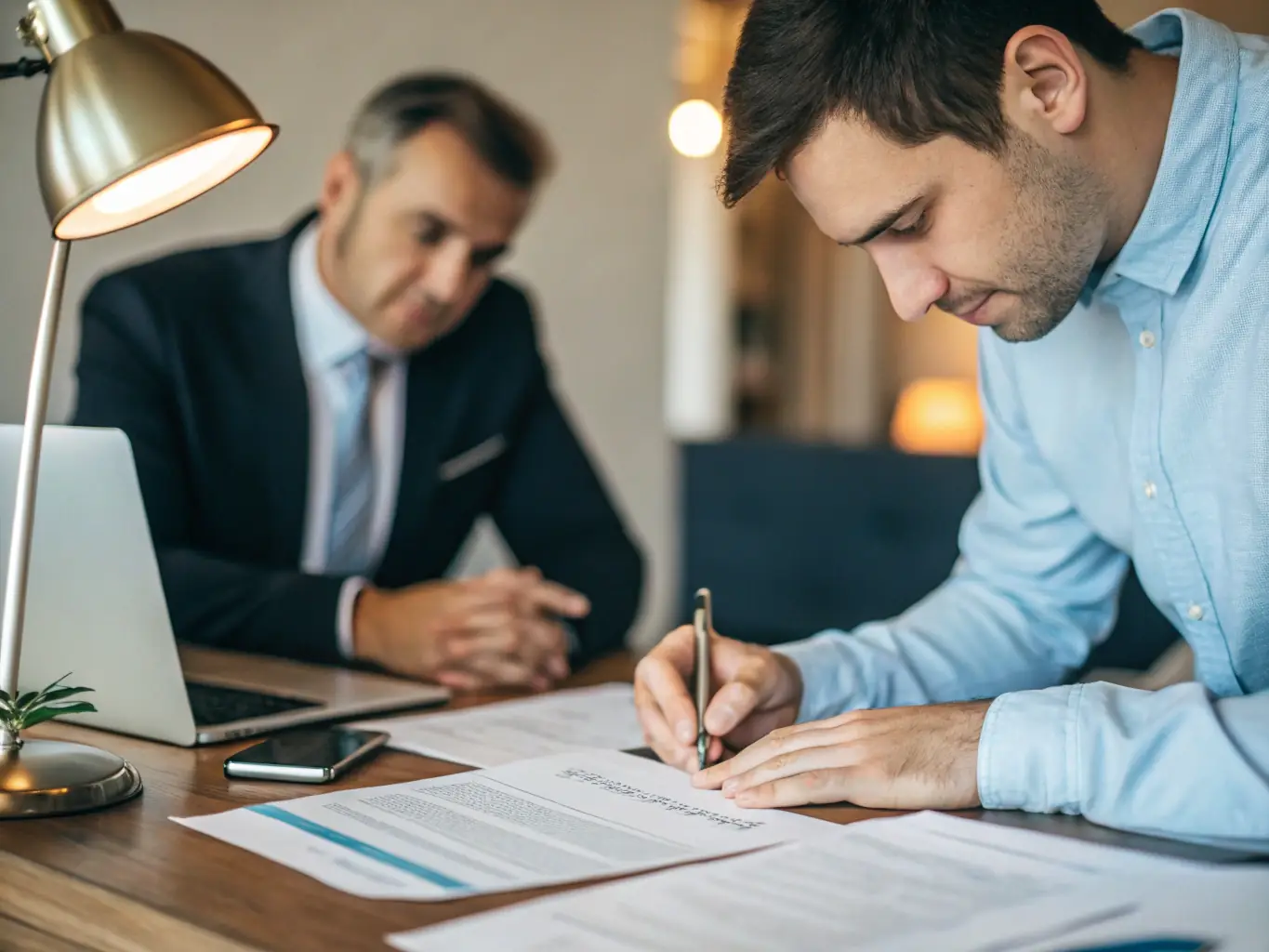 A person signing a personal loan agreement with a bank representative.