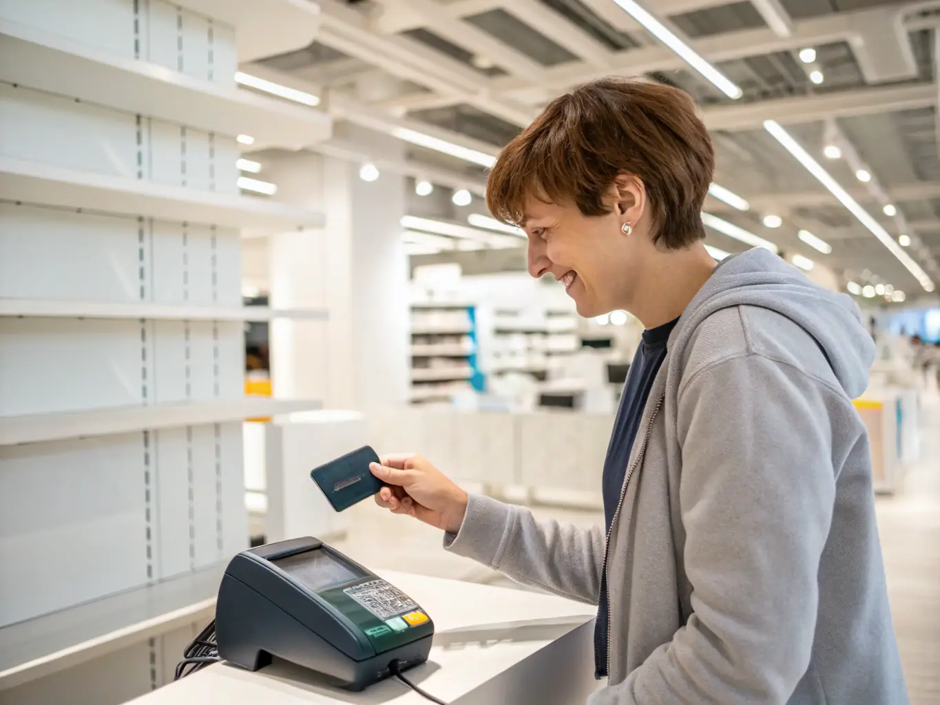 A person confidently using an N2F credit card to make a purchase at a point-of-sale terminal in a modern retail environment, emphasizing ease of use and convenience.