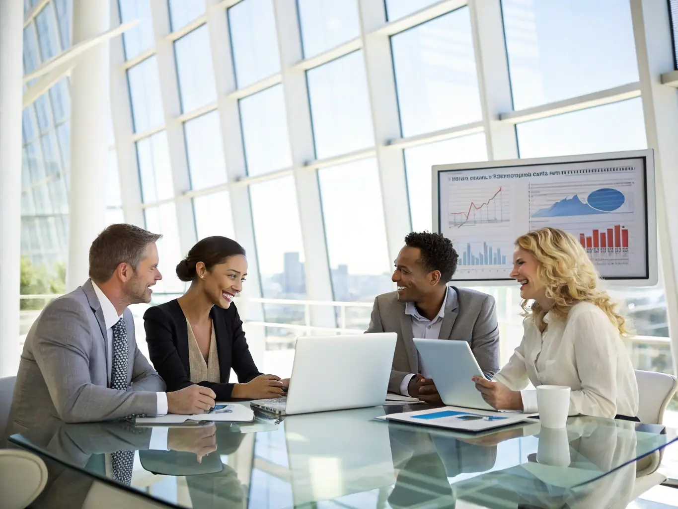 An image of a diverse team of professionals collaborating in a modern office space, using laptops and tablets. The atmosphere is energetic and productive, symbolizing business growth and success.