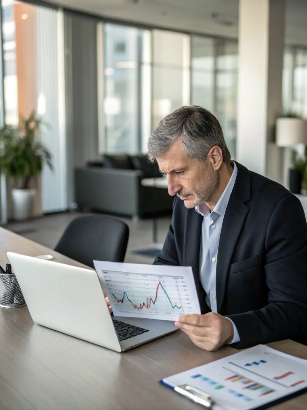 A professional image of a person reviewing a detailed financial report generated by Ramp, showcasing insights into spending patterns and potential cost savings.